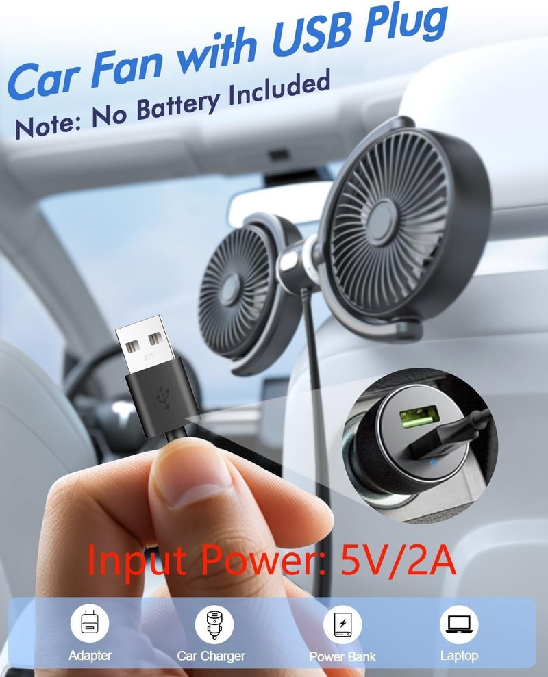 Hayousui Car Fan USB Powered for Baby: Dual Car Cooling Fans for Backseat 3 Speed Separate Controlled Quiet Brushless Motor 360° Rotatable 5V 2A Rear Seat Air Circulation for Vehicle Van Truck SUV RV(USB Plug) - Image 2